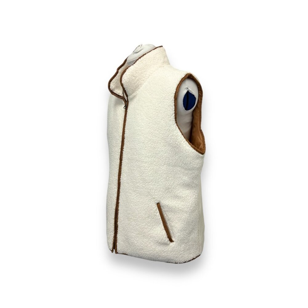 IB Diffusion Women’s Sherpa Fleece Vest With Brown Accents Zipper White XXL - Picture 2 of 8